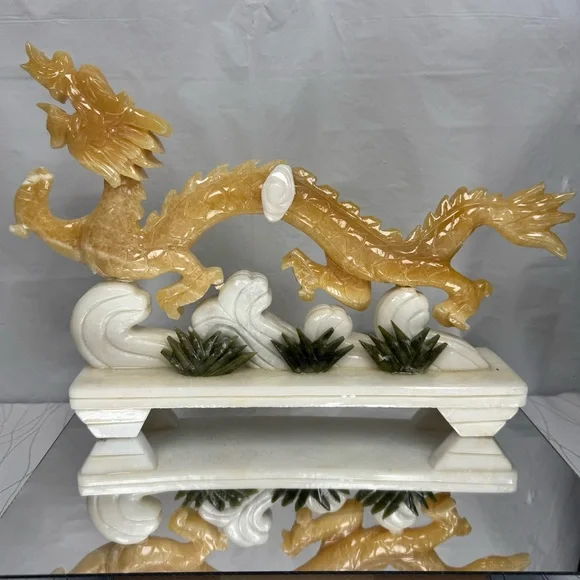 Yellow Jade Carved Stone Serpent Dragon Statue - Picture 6 of 13